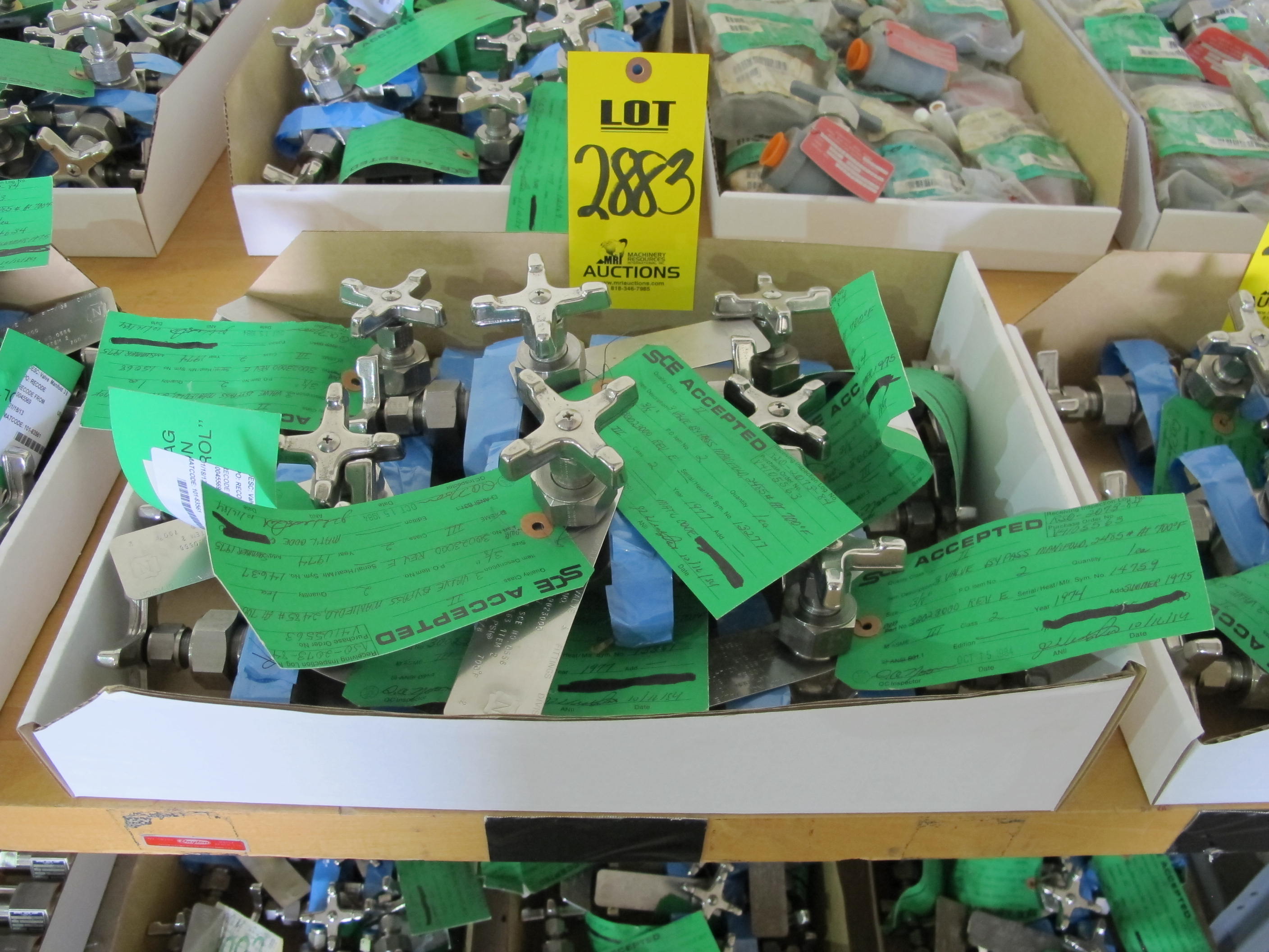 LOT (9) VALVES, MANIFOLD TYPE, 3/8" SIZE, 2485 LB/700 DEGREE F RATING, 316 SS MATERIAL, COMPRESSION CONNECTIONS, A182 SPECIFICATION, 4-WAY STYLE, HANDWHEEL OPERATOR. MARK 856. PART # 30023000 (W-51) LOADING & HANDLING FEE $5-